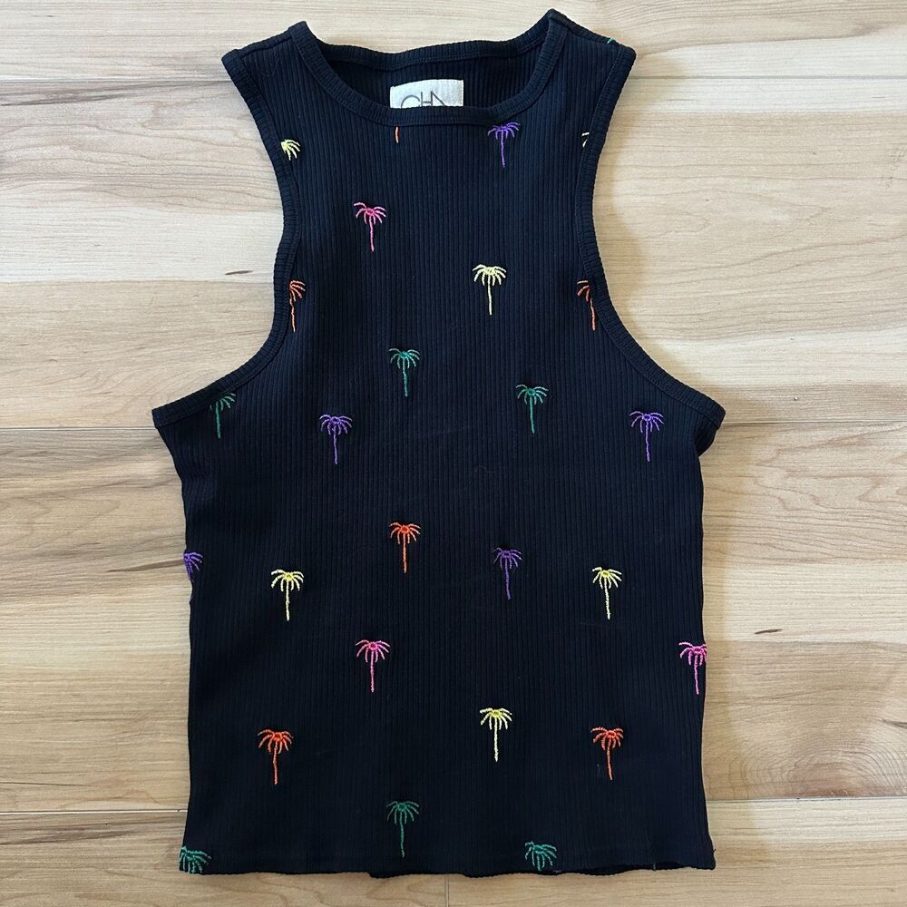 Chaser Womens Neon Palms Ribbed Tank Top Black Palm Tree Modal Spandex Sz Medium